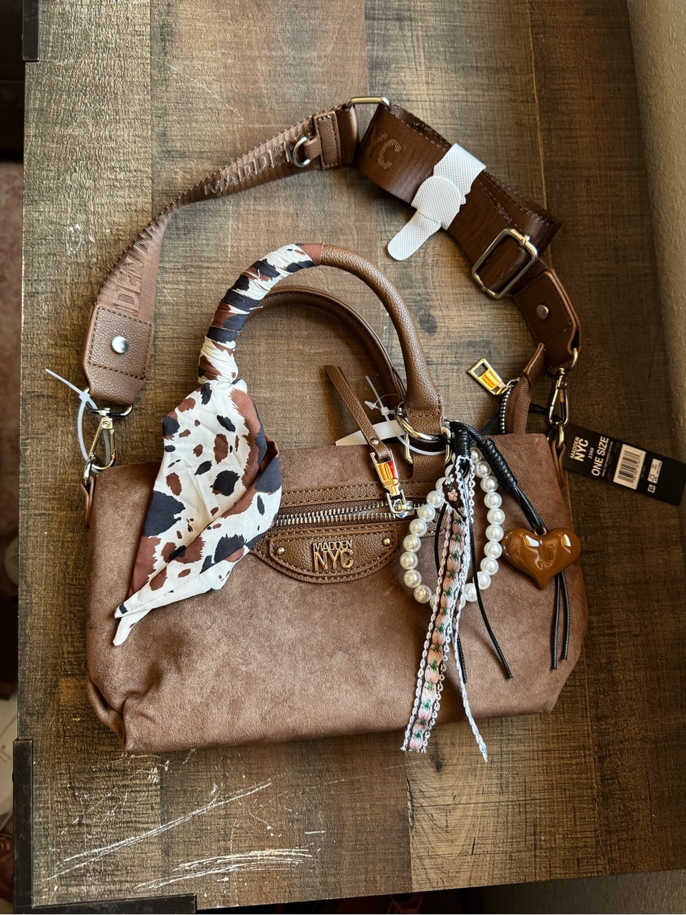 Steve Madden Brown Convertible Satchel with Patterned Scarf